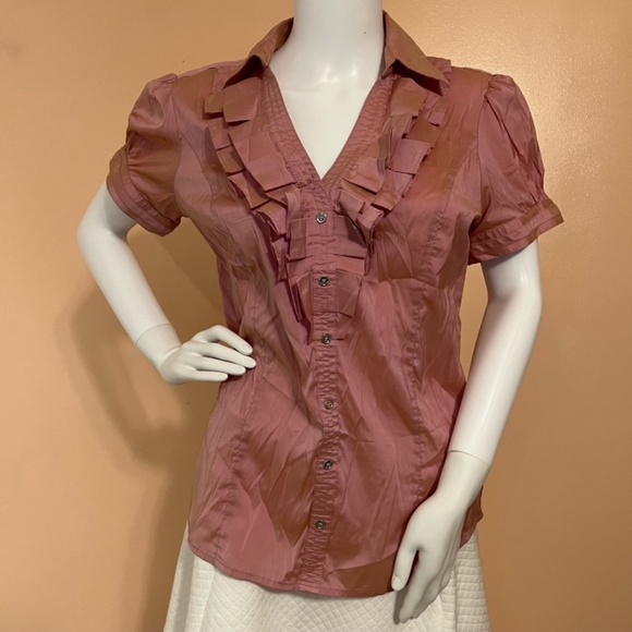 Express Metallic Rose Gold Ruffled V Neck Collar Button Down Blouse - Picture 2 of 7